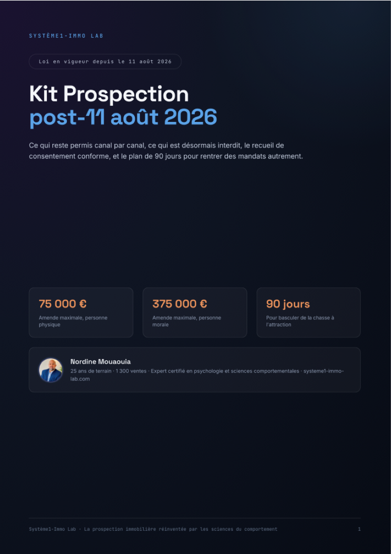 Couverture du Kit Prospection post-11 août 2026 : les montants d'amende, le plan 90 jours, et la signature de Nordine Mouaouia.