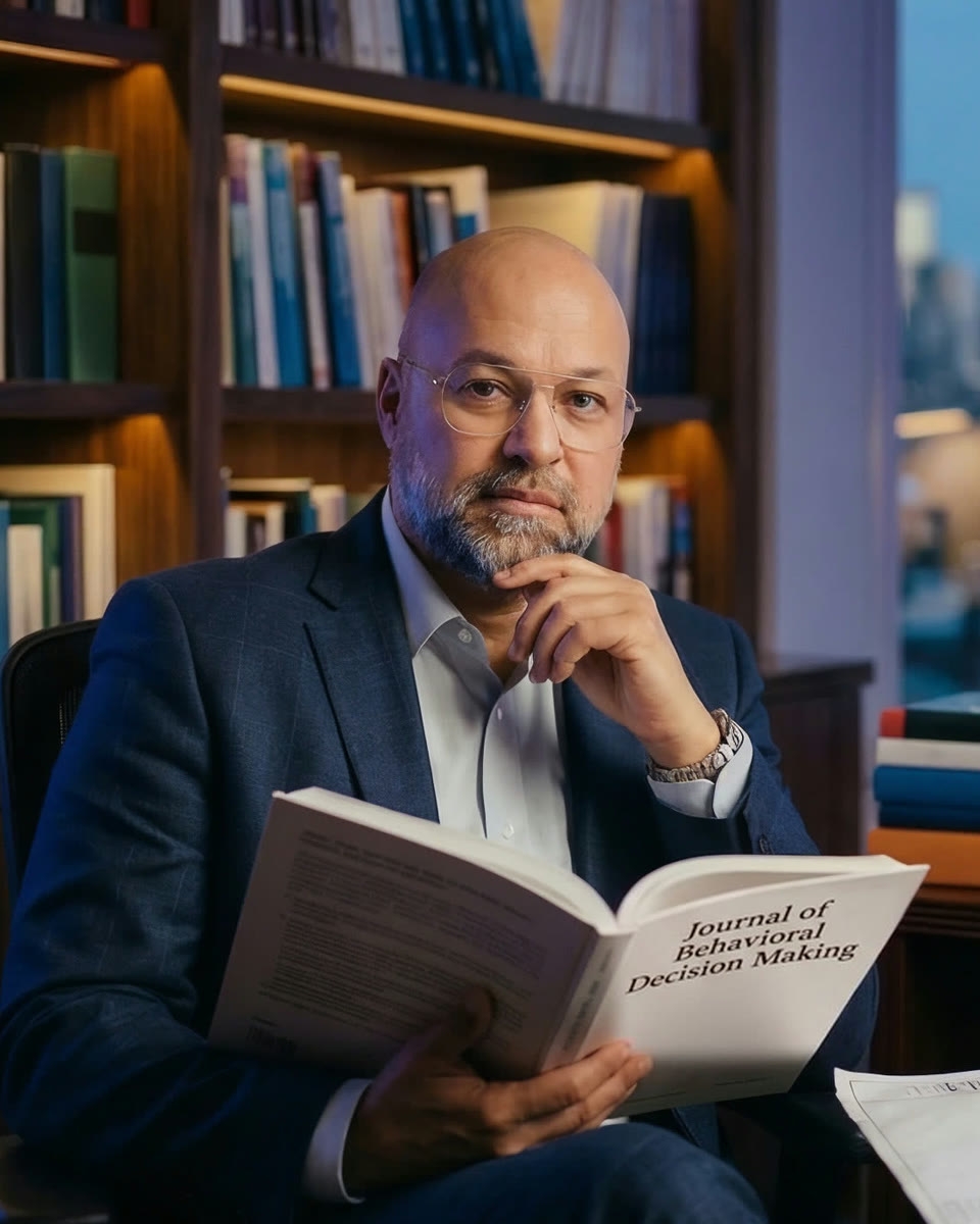 Nordine Mouaouia dans sa bibliothèque, la revue Journal of Behavioral Decision Making à la main