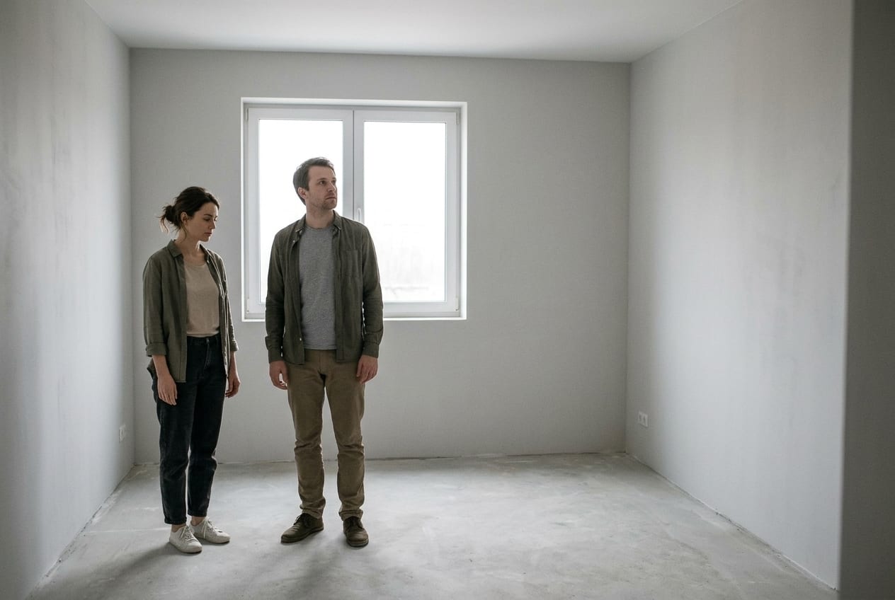 Un couple debout dans un appartement vide, chacun regardant dans une direction différente