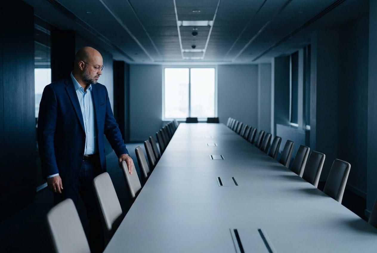 Nordine Mouaouia seul dans une salle de conseil vide, avant la réunion