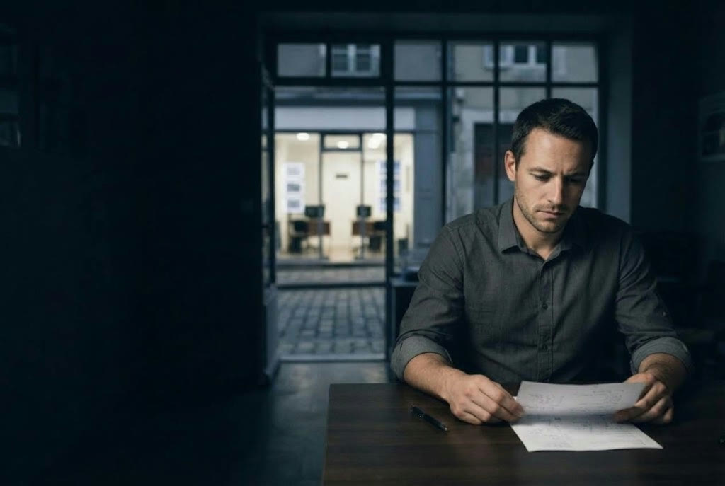 Un agent immobilier seul le soir dans son agence, ses chiffres en main ; en face, l'agence concurrente est encore allumée