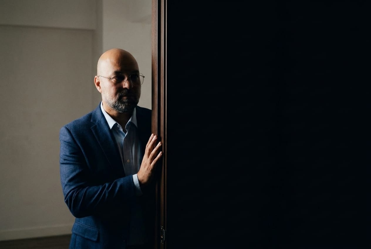 Nordine Mouaouia dans l'embrasure d'une porte, moitié du visage dans l'ombre