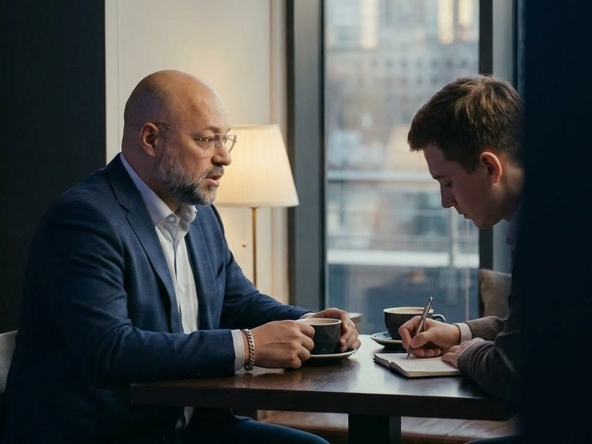 À une table de café, un jeune agent immobilier note dans son carnet pendant que Nordine Mouaouia lui parle