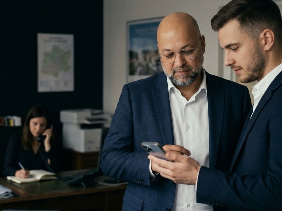 Dans l'agence, un jeune agent montre à Nordine Mouaouia la demande d'estimation qui vient d'arriver sur son téléphone, pendant qu'une collègue est au téléphone avec un vendeur